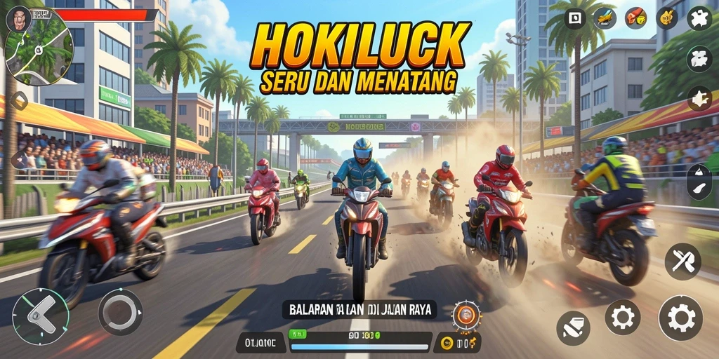 Screenshot HOKILUCK menunjukkan mobil balap melaju kencang di trek yang menantang.