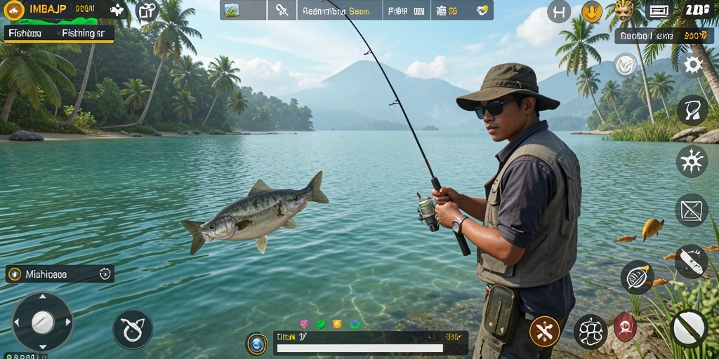 Screenshot gameplay IMBAJP menampilkan aktivitas memancing yang seru dan menantang.