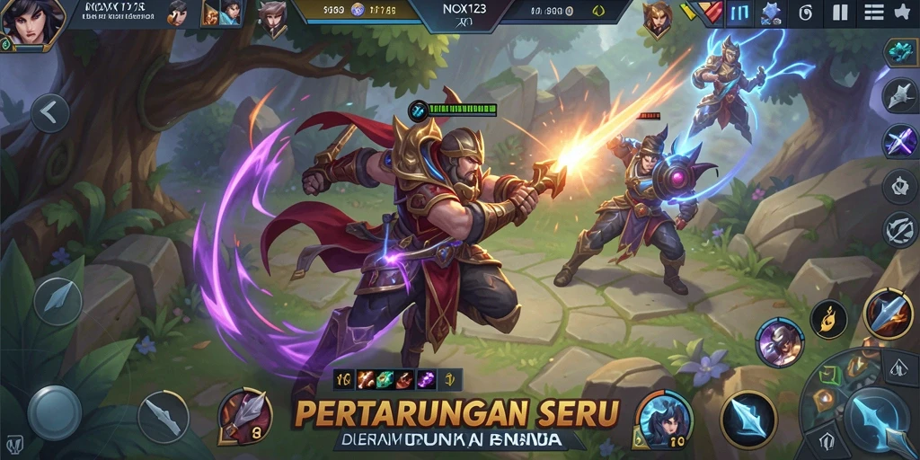 Gameplay seru NOX123 dengan pertarungan MOBA yang intens.