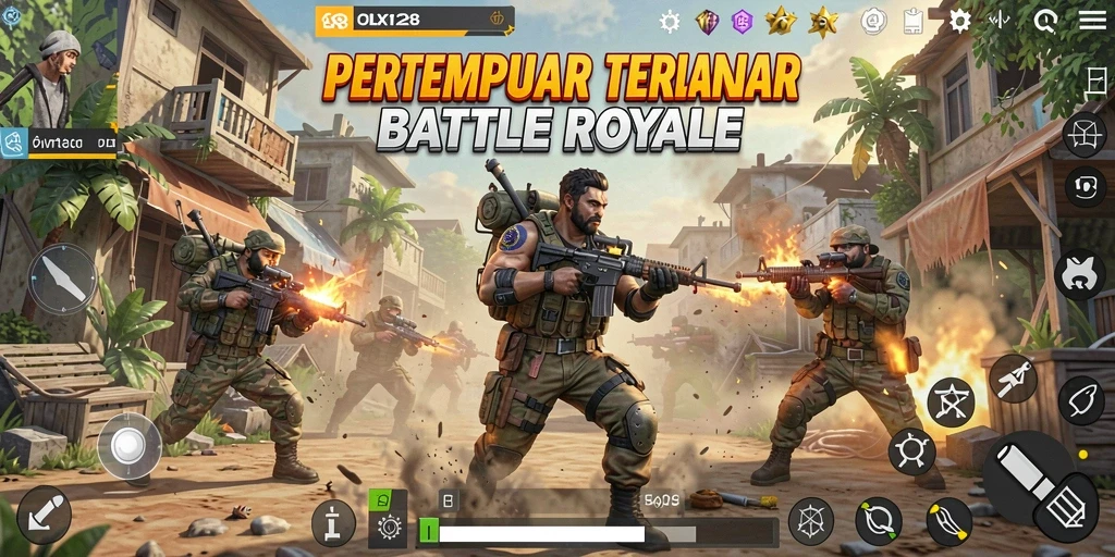Tampilan gameplay mendebarkan di OLX128 dalam pertempuran Battle Royale.