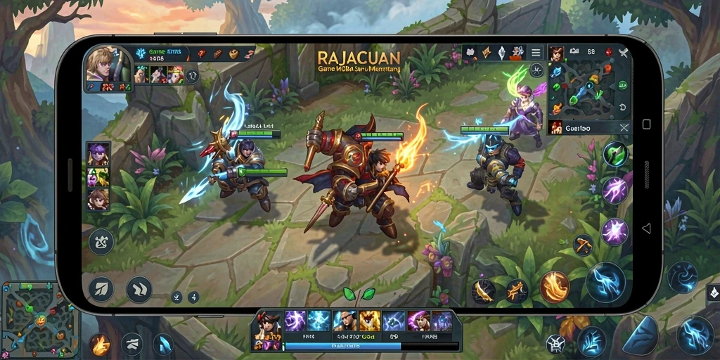 Tangkapan layar gameplay RAJACUAN menampilkan pertempuran seru di arena MOBA.