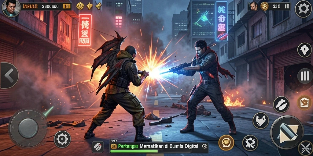 Screenshot V07 menampilkan pertarungan seru dengan efek visual mengesankan.